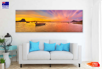 Panoramic Canvas Boat on Lake Sunset Photograph High Quality 100% Australian Made Wall Canvas Print Ready to Hang