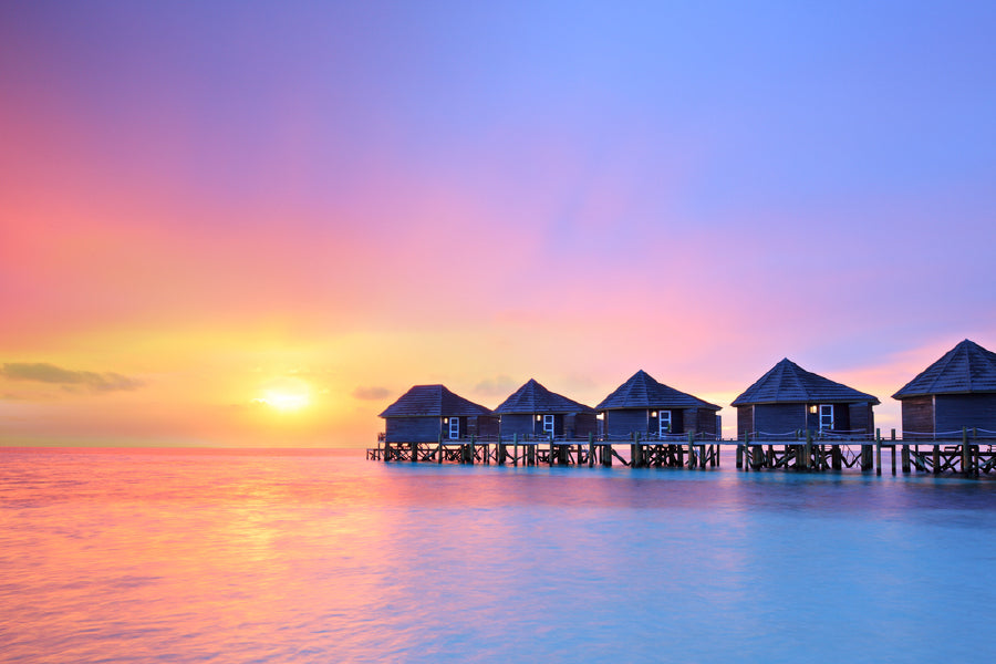 Maldives Island Sea Villas Sunset Scenery Print 100% Australian Made