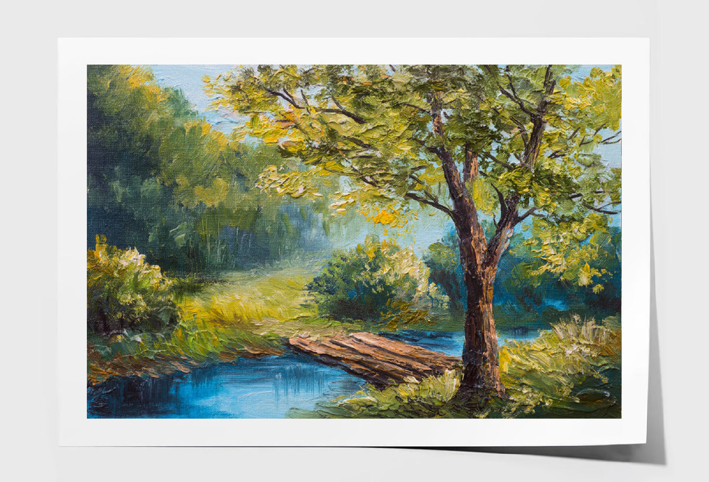 Wooden Pier on Lake & Green Forest Trees Oil Painting Wall Art Limited Edition High Quality Print Unframed Roll Canvas None