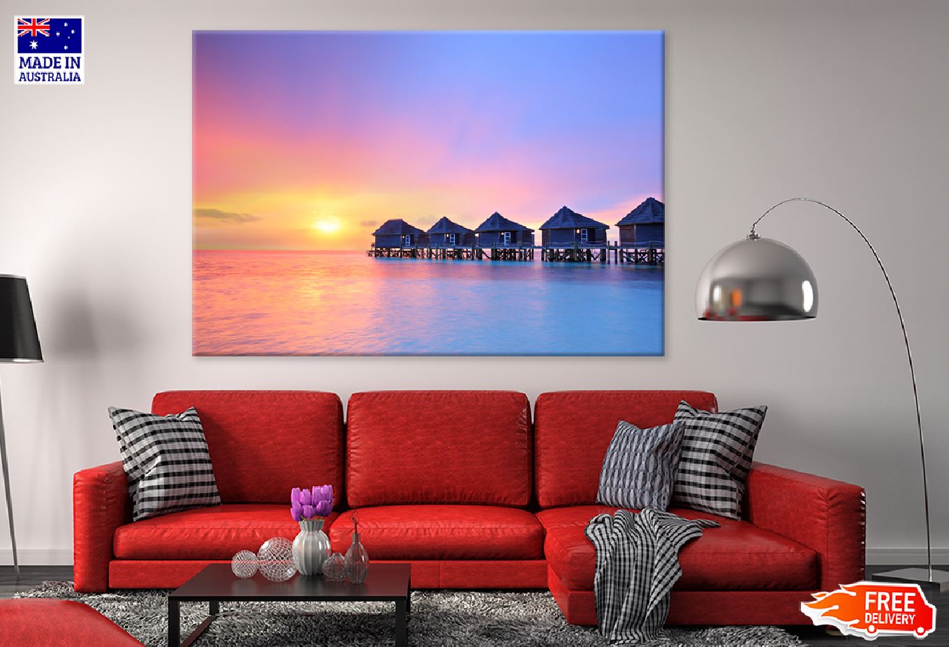 Maldives Island Sea Villas Sunset Scenery Print 100% Australian Made