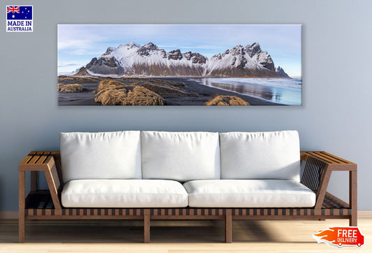 Panoramic Canvas Iceland Beach with Mountains View Photograph High Quality 100% Australian Made Wall Canvas Print Ready to Hang