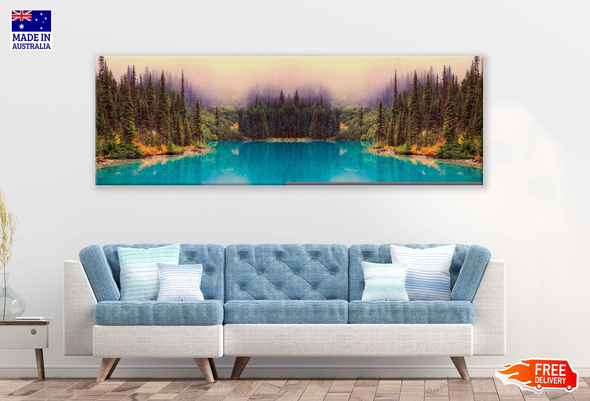 Panoramic Canvas Trees Near Blue Lake View Photograph High Quality 100% Australian Made Wall Canvas Print Ready to Hang