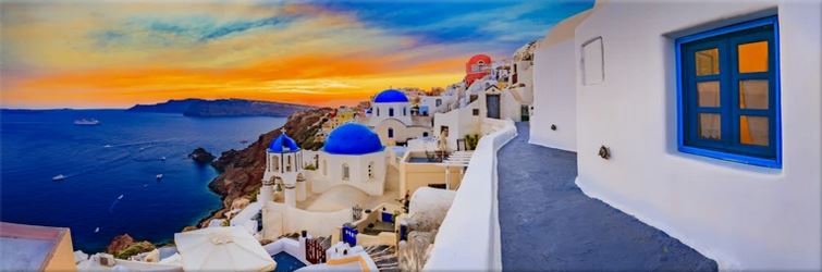 Panoramic Canvas Greece Stunning Houses View High Quality 100% Australian made wall Canvas Print ready to hang