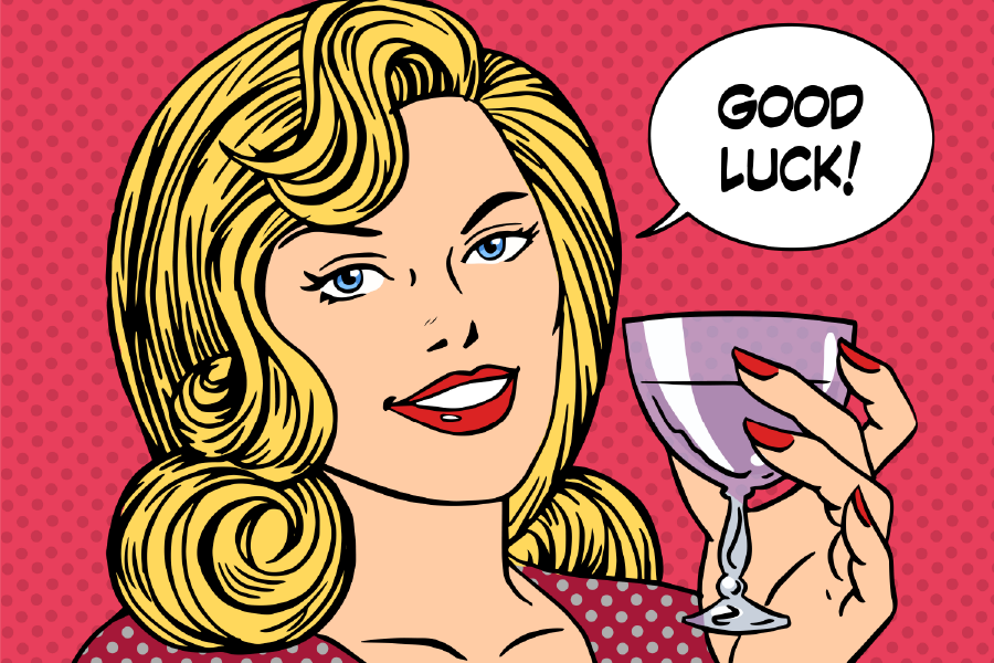 Girl with Wine Glass & Good Luck Speech Bubble Illustration Print 100% Australian Made
