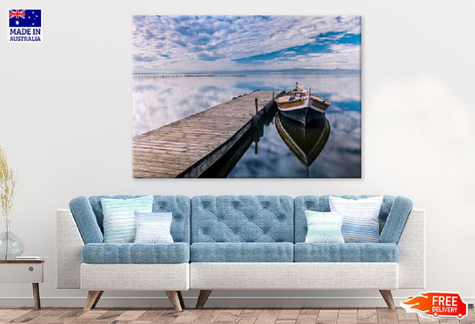 Boat on Lake Near Wooden Pier Photograph Print 100% Australian Made