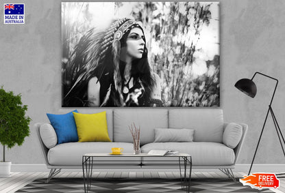 Indian Native Girl with Feather Headdress B&W Photograph Print 100% Australian Made