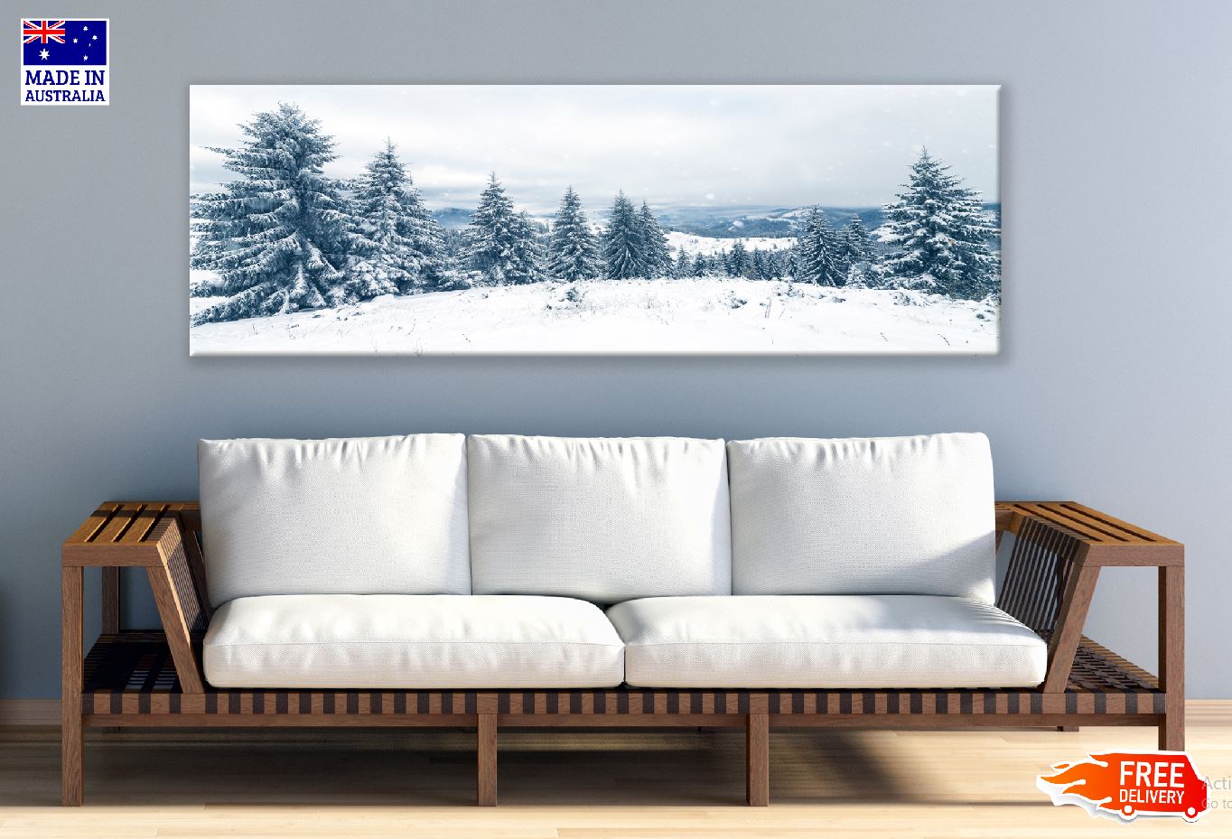 Panoramic Canvas Snow Pine Trees View Photograph High Quality 100% Australian Made Wall Canvas Print Ready to Hang