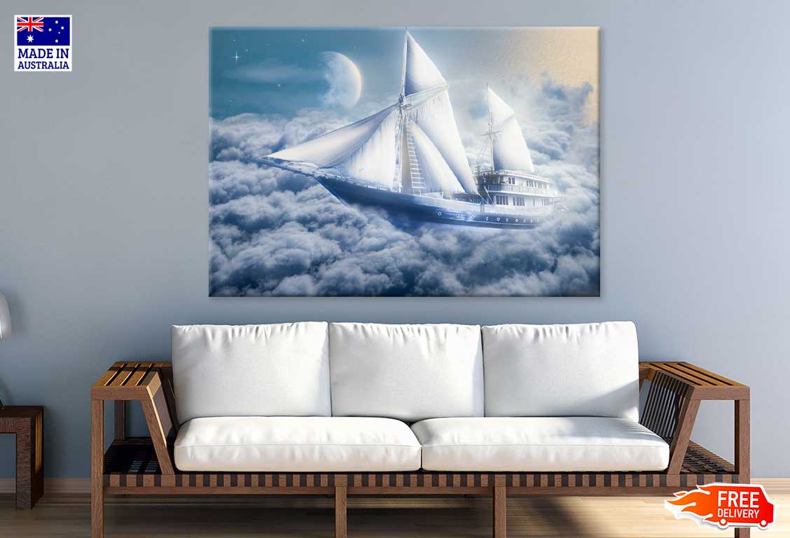Ship on Cloudy Dark Sky Digital Art Print 100% Australian Made