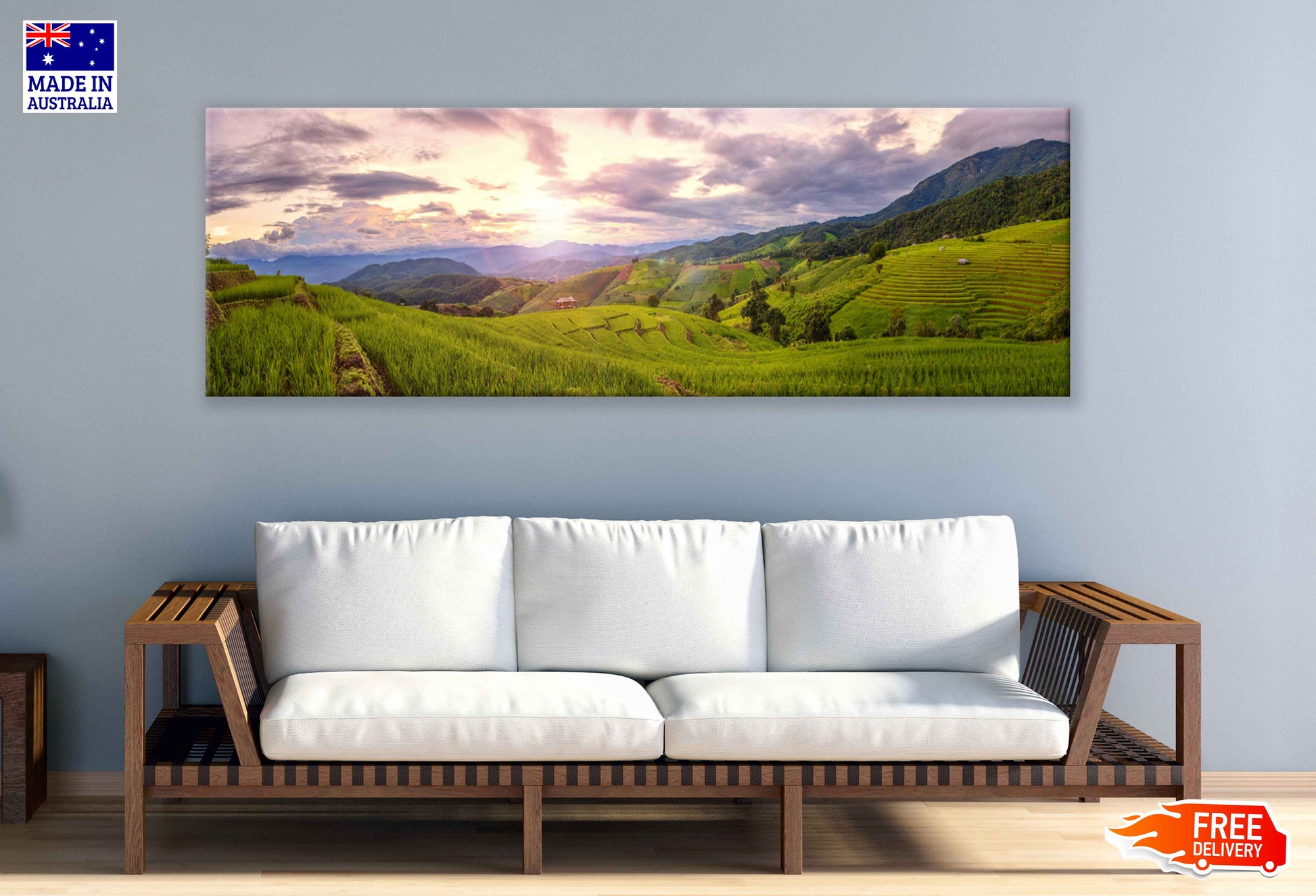 Panoramic Canvas Rice Field Cloudy Sky View Photograph High Quality 100% Australian Made Wall Canvas Print Ready to Hang