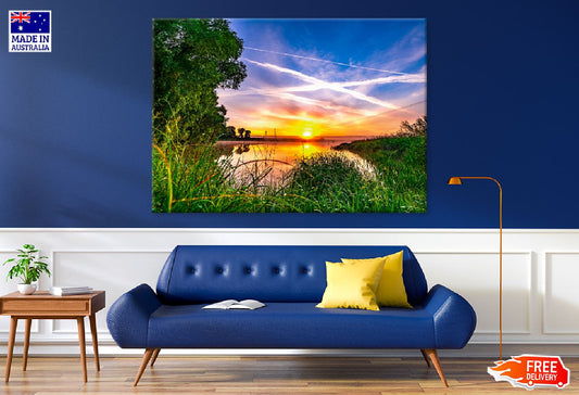Green Grass Near Lake Sunset View Photograph Print 100% Australian Made