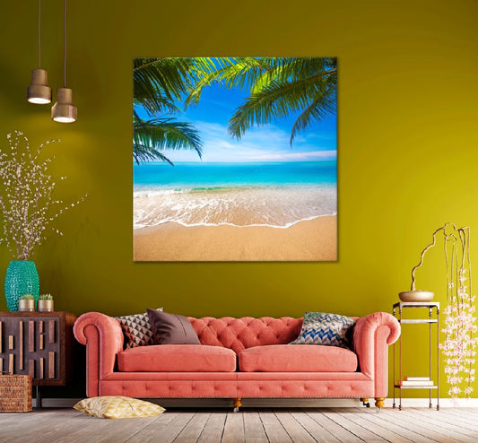 Square Canvas Tropical Beach & Palm Leaves View Photograph High Quality Print 100% Australian Made