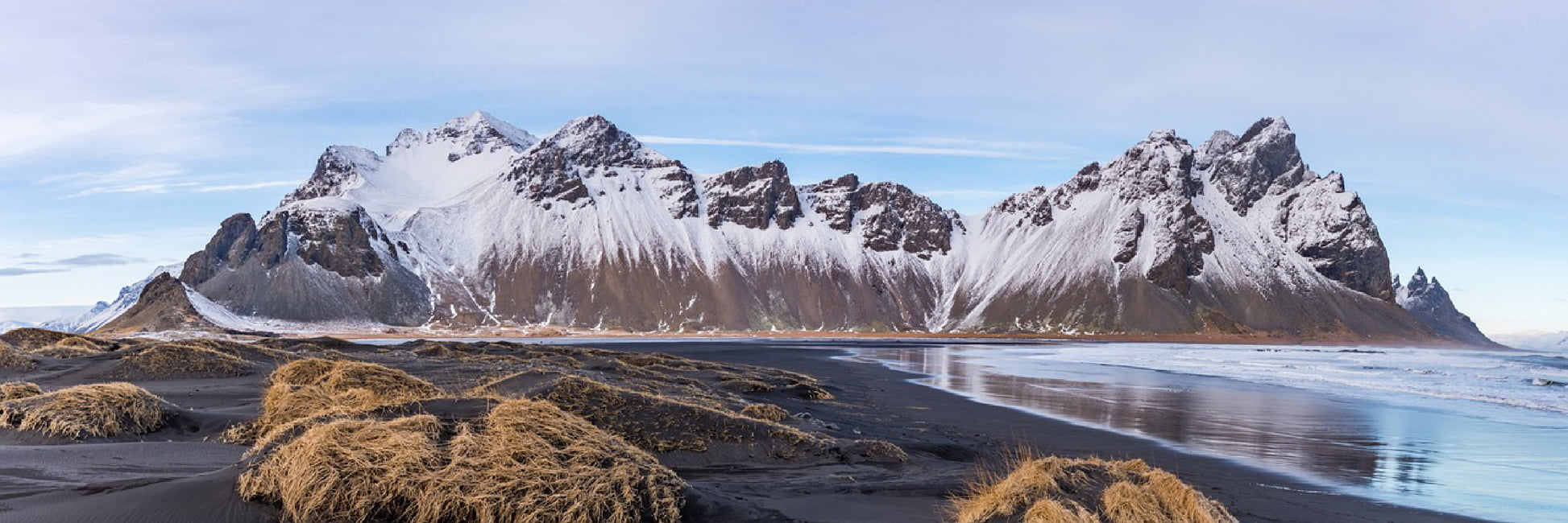 Panoramic Canvas Iceland Beach with Mountains View Photograph High Quality 100% Australian Made Wall Canvas Print Ready to Hang