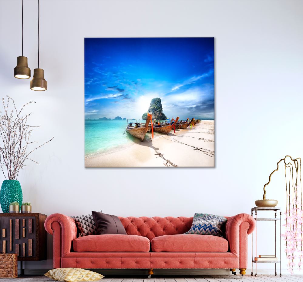 Square Canvas Boats Near Seashore with Sky View Photograph High Quality Print 100% Australian Made