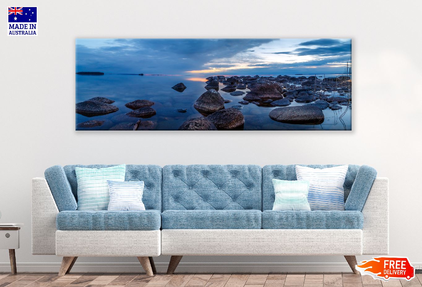Panoramic Canvas Rocks on Sea Sunset View Photograph High Quality 100% Australian Made Wall Canvas Print Ready to Hang