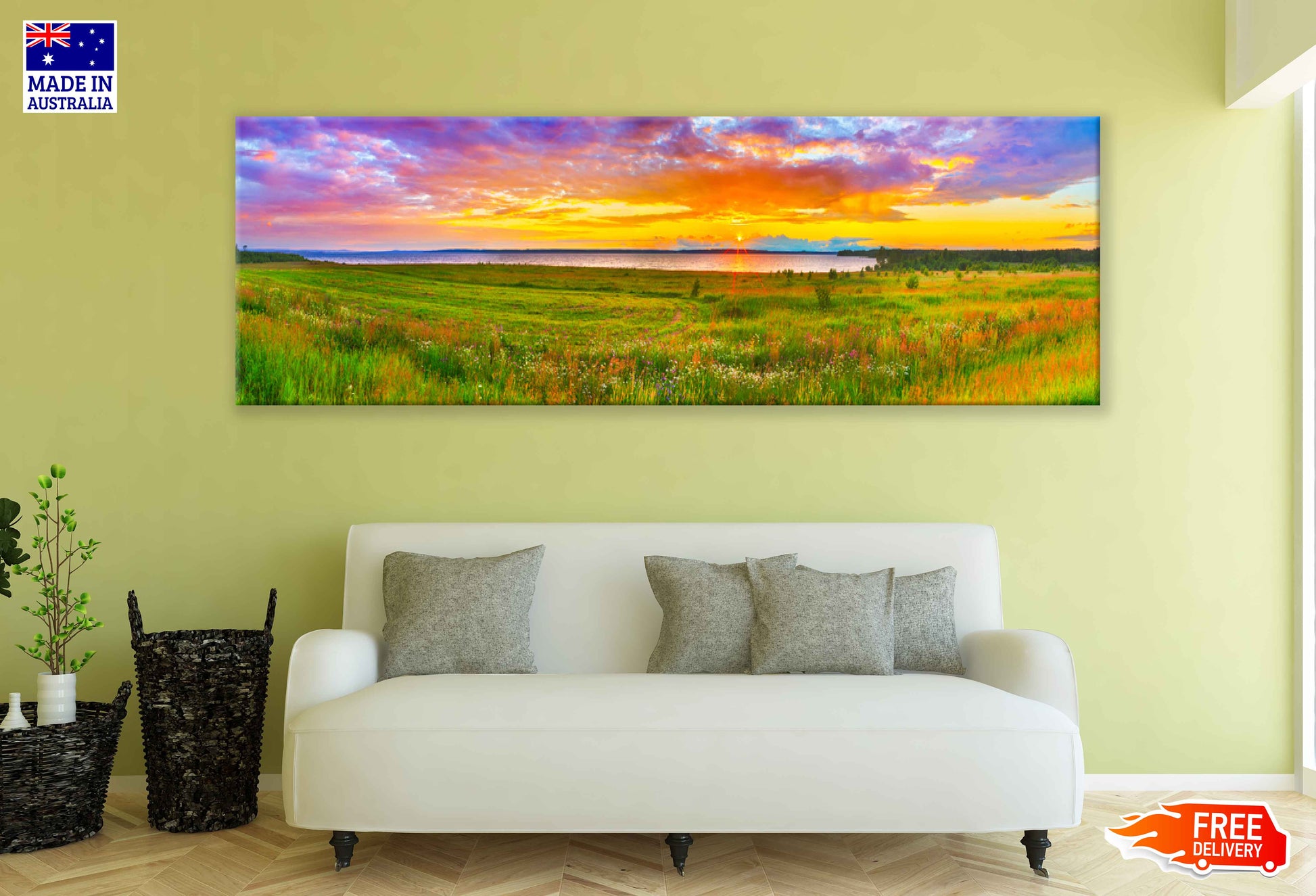 Panoramic Canvas Grass Field & Lake View Photograph High Quality 100% Australian Made Wall Canvas Print Ready to Hang