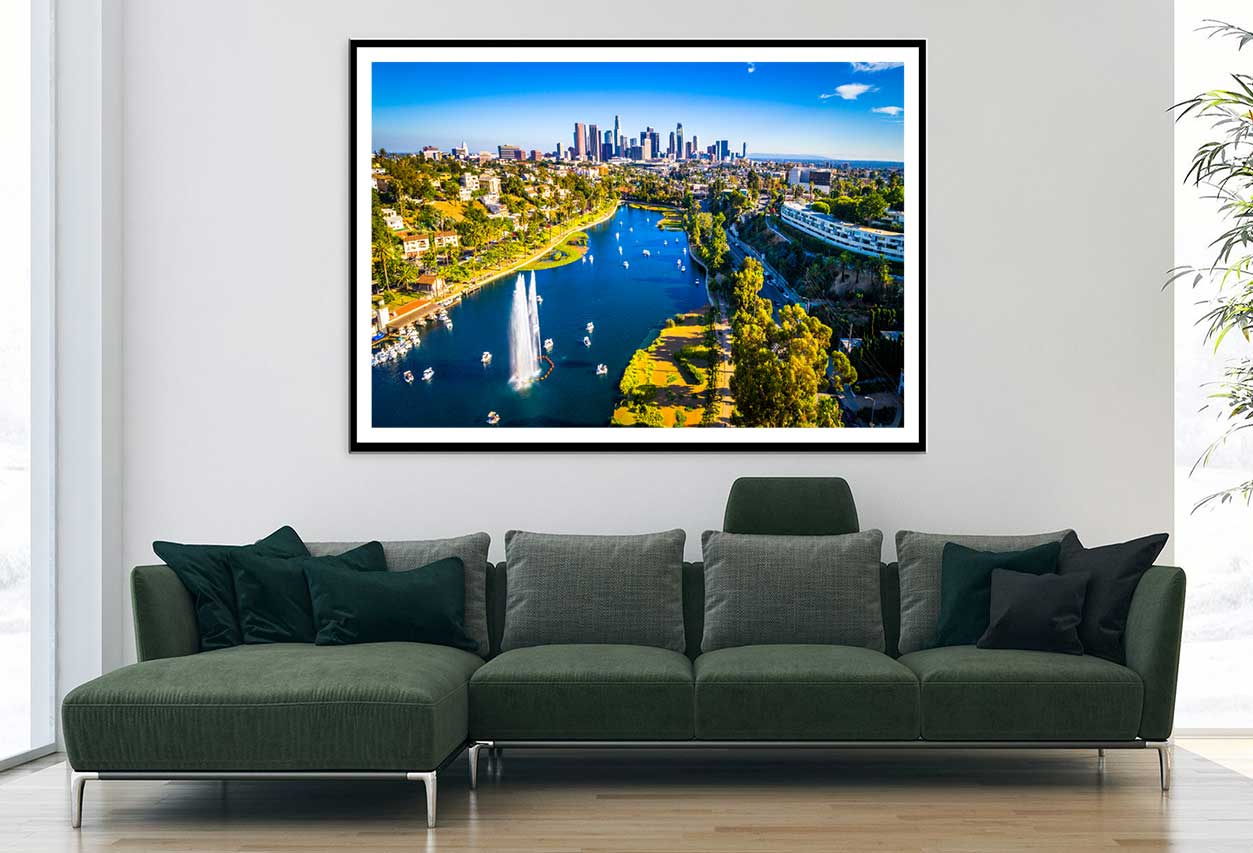 Los Angeles Skyline & Lake Aerial View Photograph Home Decor Premium Quality Poster Print Choose Your Sizes