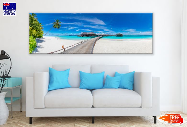 Panoramic Canvas Beach Restaurant on Wooden Pier Over Sea Photograph High Quality 100% Australian Made Wall Canvas Print Ready to Hang