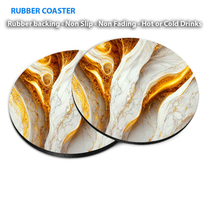 Gold & White Abstract Coasters Wood & Rubber - Set of 6 Coasters