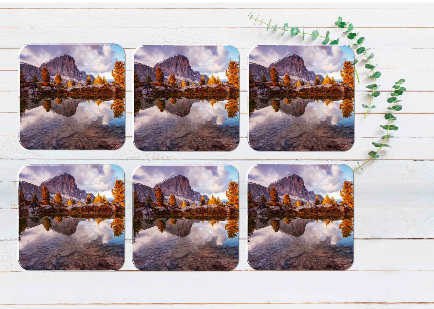 Mountain River Reflection Coasters Wood & Rubber - Set of 6 Coasters