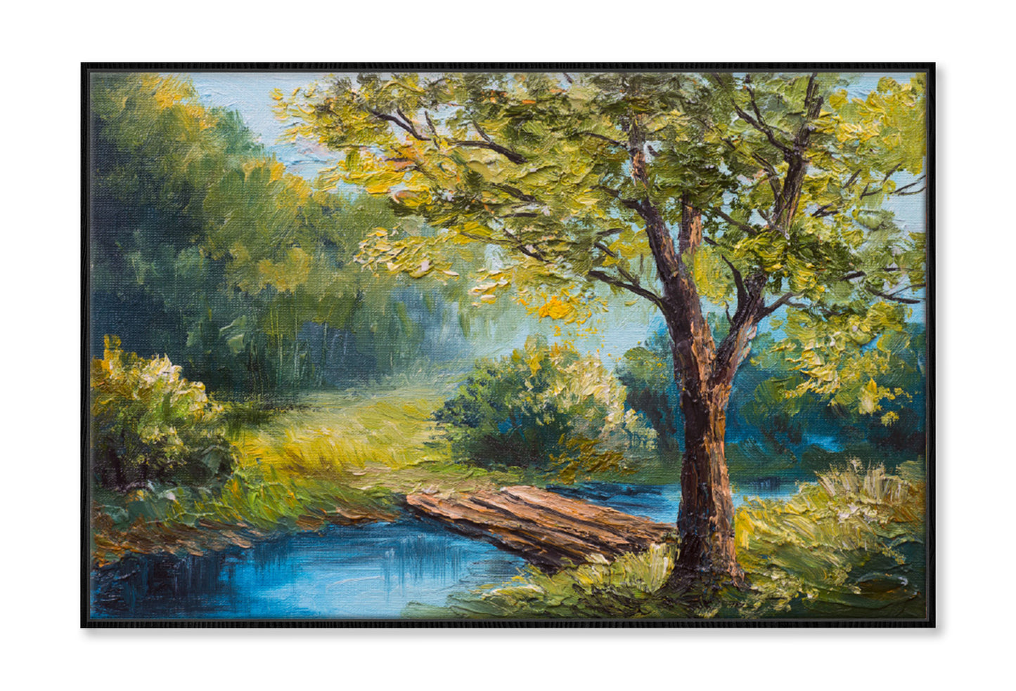 Wooden Pier on Lake & Green Forest Trees Oil Painting Wall Art Limited Edition High Quality Print Canvas Box Framed Black