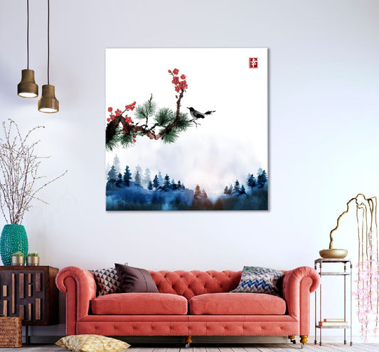 Square Canvas Bird on Red Flower Branch & Mountains Watercolor Painting High Quality Print 100% Australian Made