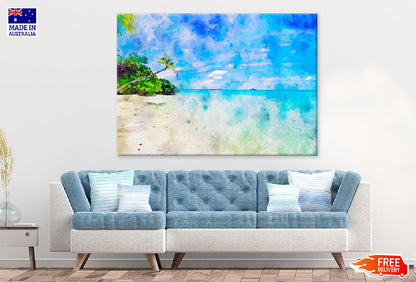 Blue Sea & Palm Tree Watercolor Painting Print 100% Australian Made