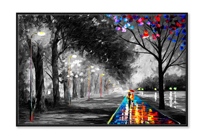 Couple Walking on Colorful Road B&W Trees Painting Wall Art Limited Edition High Quality Print Canvas Box Framed Black