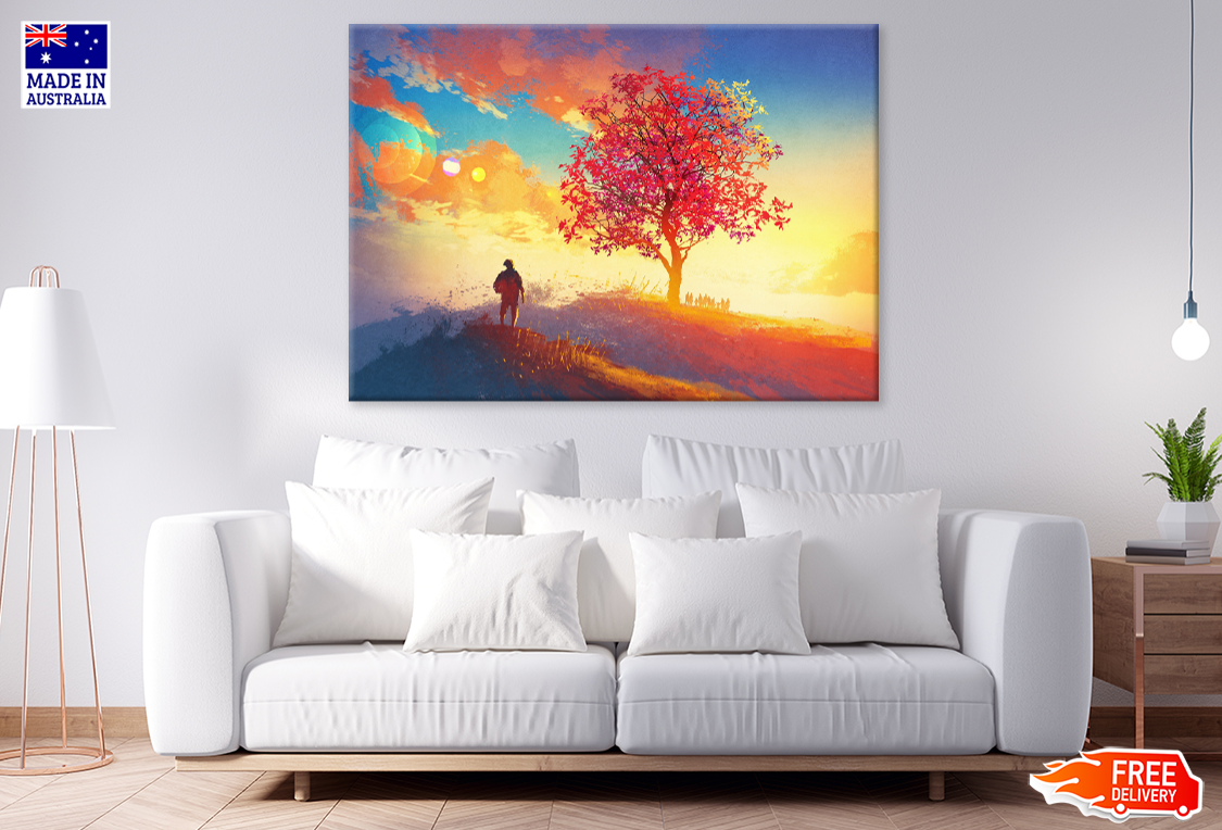 Man In Mountain & Tree Sunset View Print 100% Australian Made