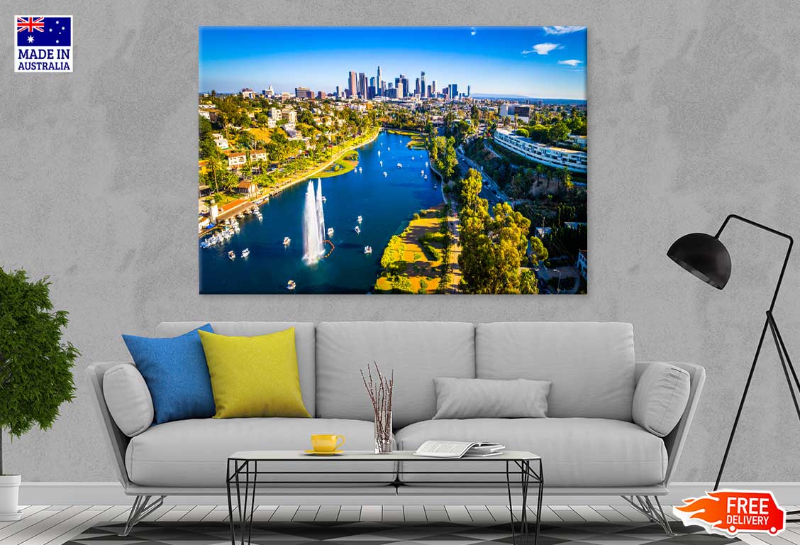 Los Angeles Skyline & Lake Aerial View Photograph Print 100% Australian Made