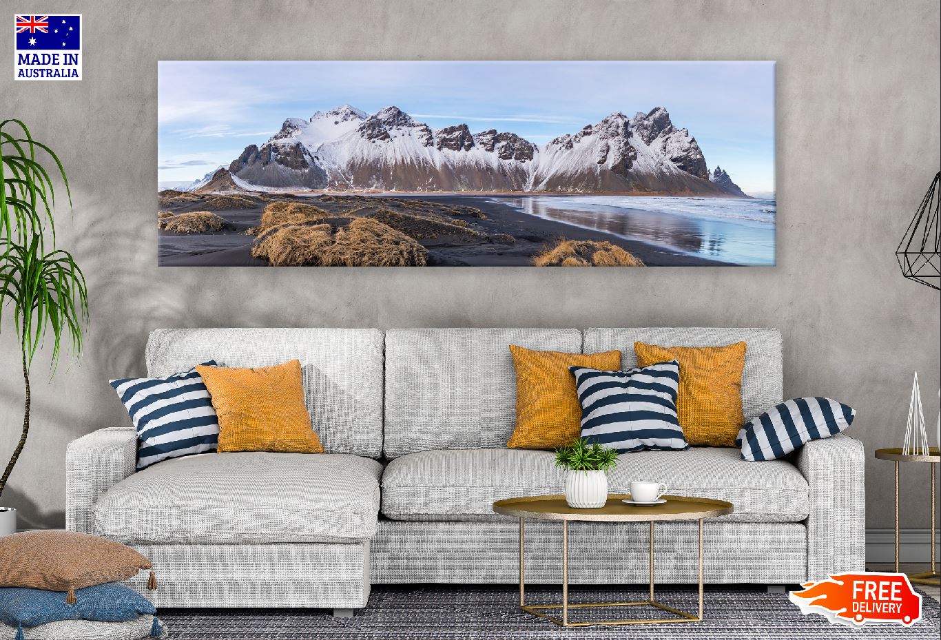 Panoramic Canvas Iceland Beach with Mountains View Photograph High Quality 100% Australian Made Wall Canvas Print Ready to Hang