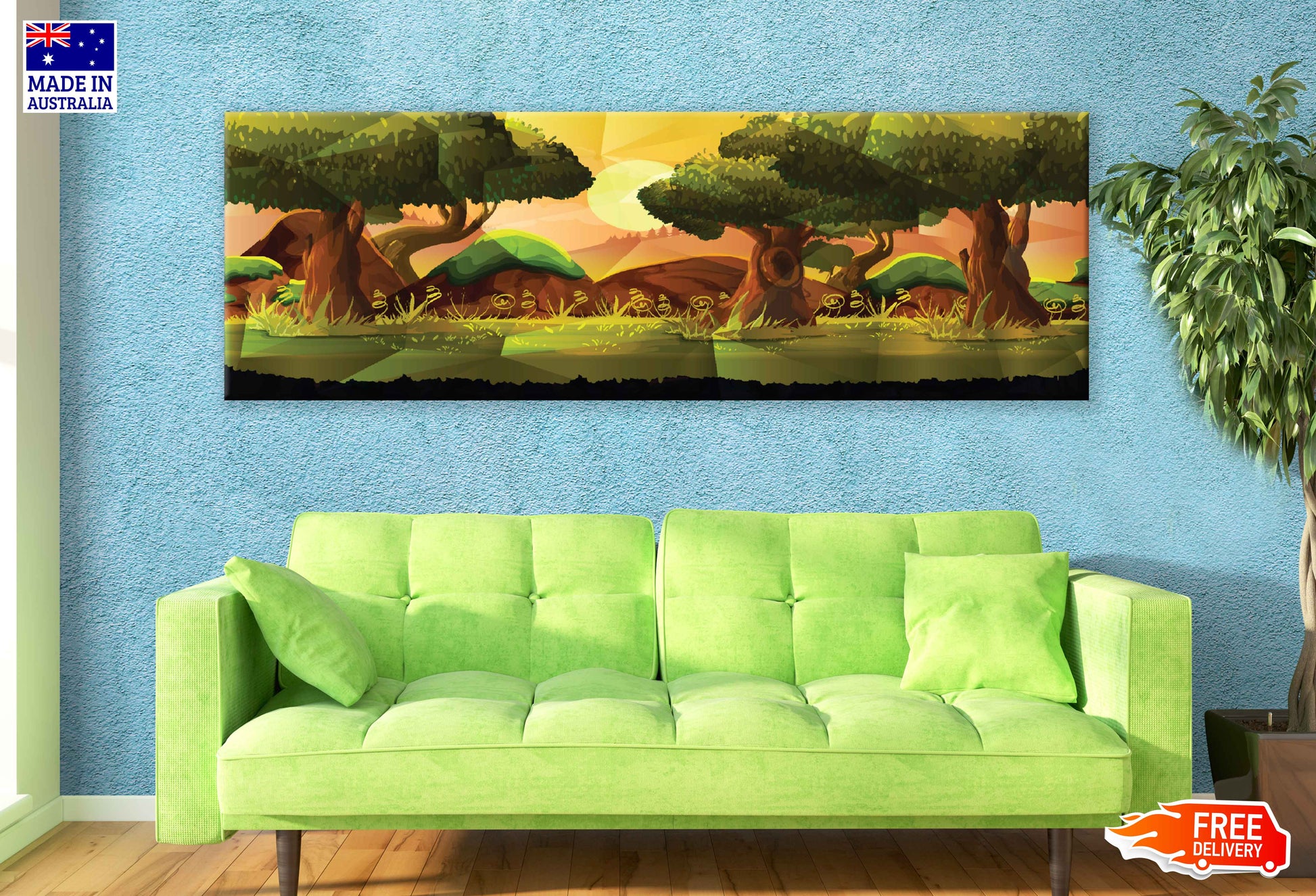 Panoramic Canvas Rocky Forest Vector Illustration High Quality 100% Australian Made Wall Canvas Print Ready to Hang