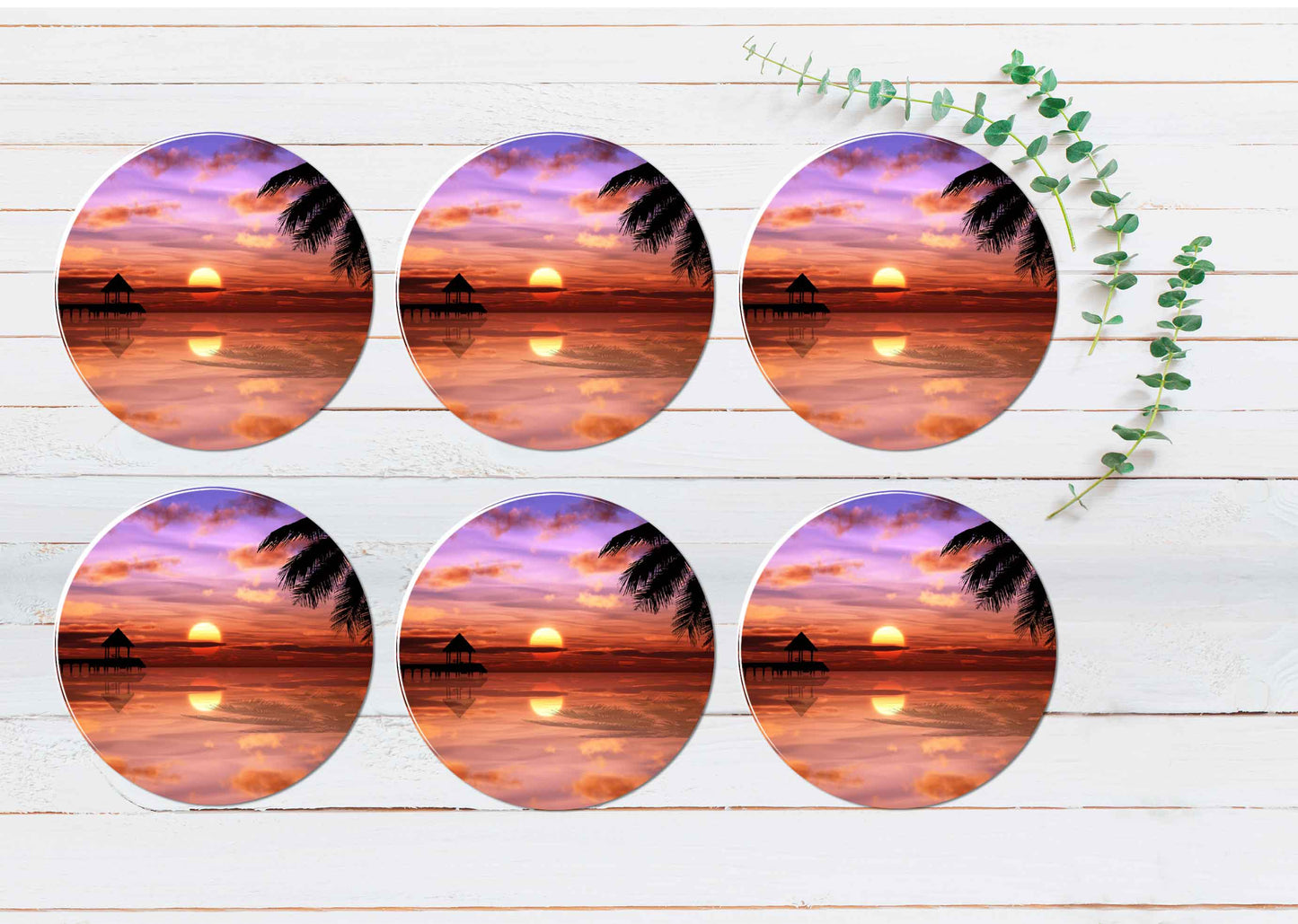 Pink Sunset & Lake with Palm Tree Coasters Wood & Rubber - Set of 6 Coasters