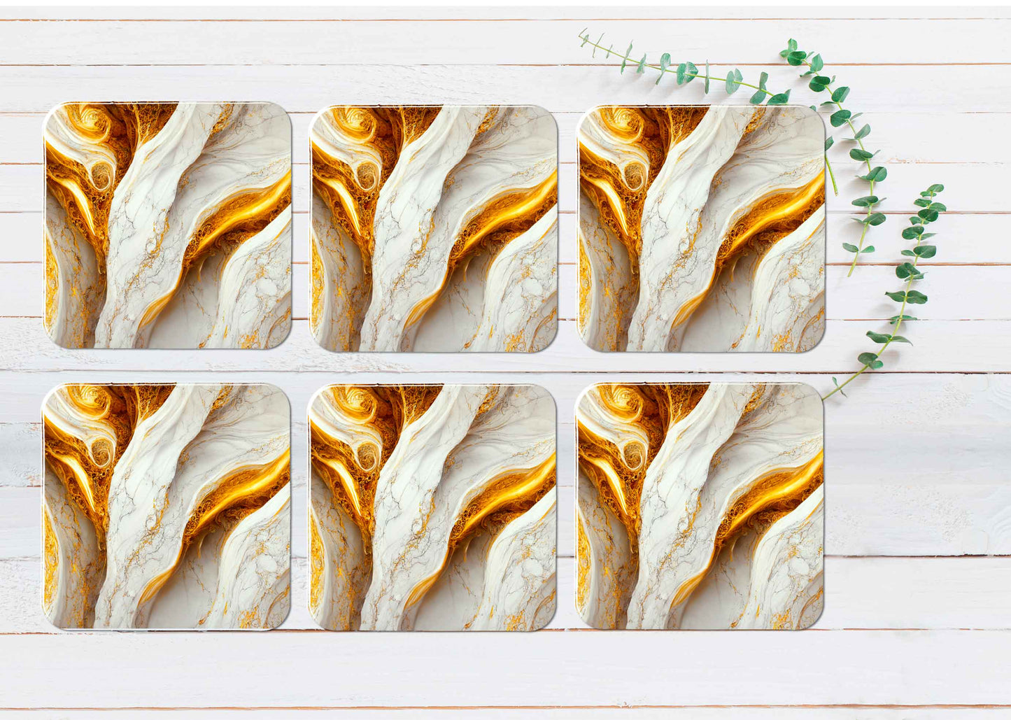 Gold & White Abstract Coasters Wood & Rubber - Set of 6 Coasters