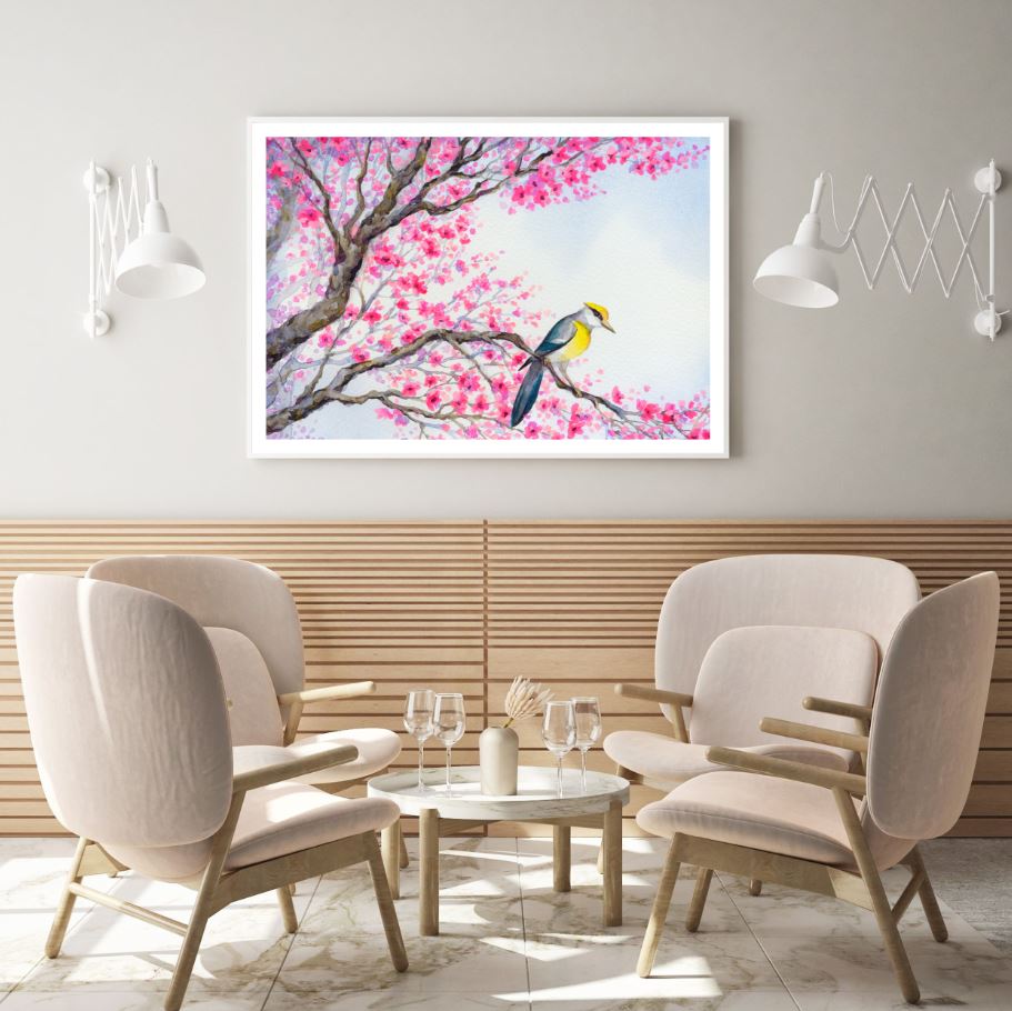 Bird on Pink Floral Tree Painting Home Decor Premium Quality Poster Print Choose Your Sizes
