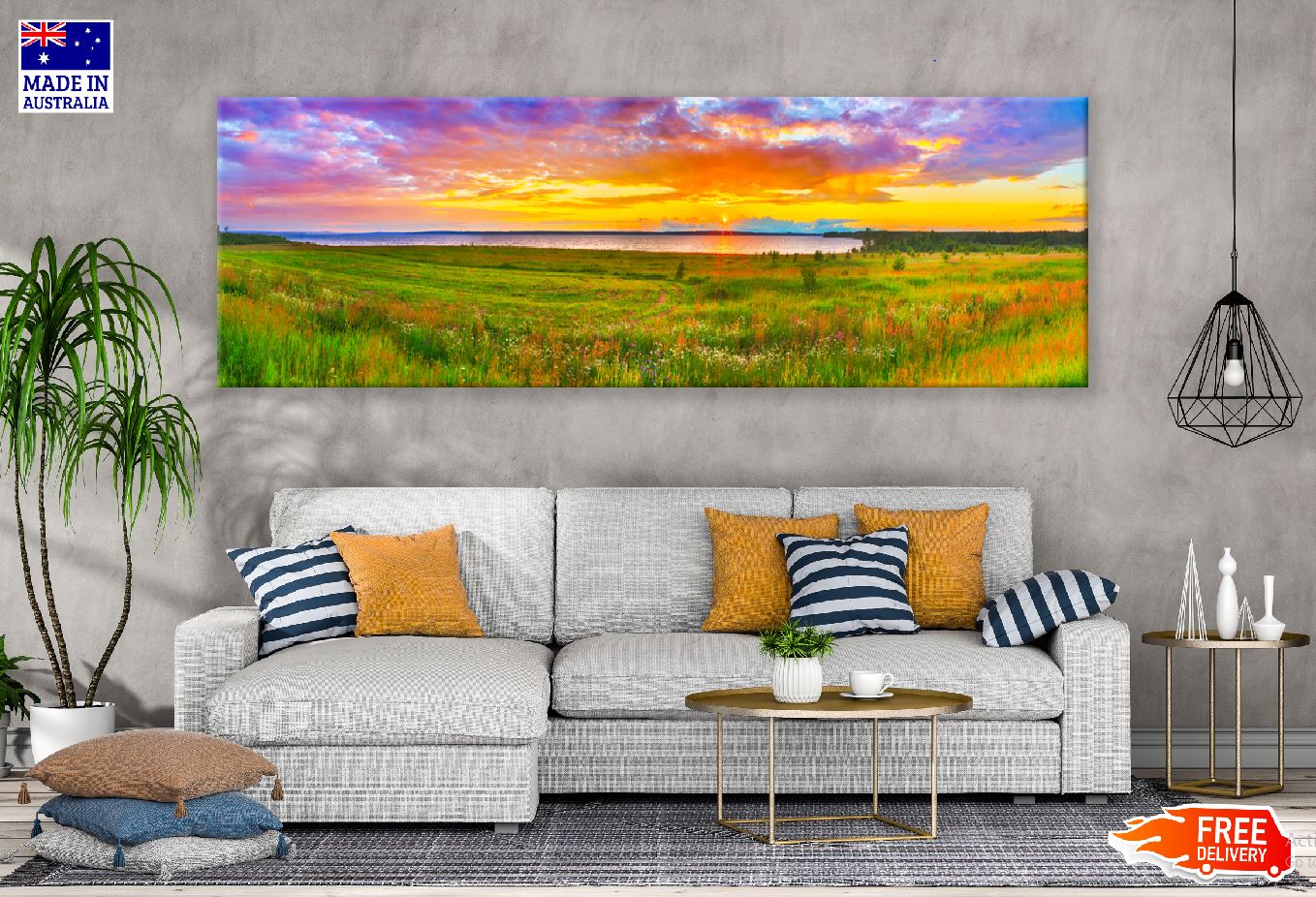 Panoramic Canvas Grass Field & Lake View Photograph High Quality 100% Australian Made Wall Canvas Print Ready to Hang