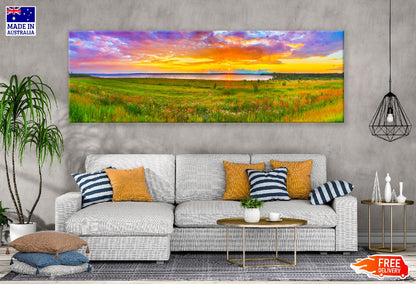 Panoramic Canvas Grass Field & Lake View Photograph High Quality 100% Australian Made Wall Canvas Print Ready to Hang
