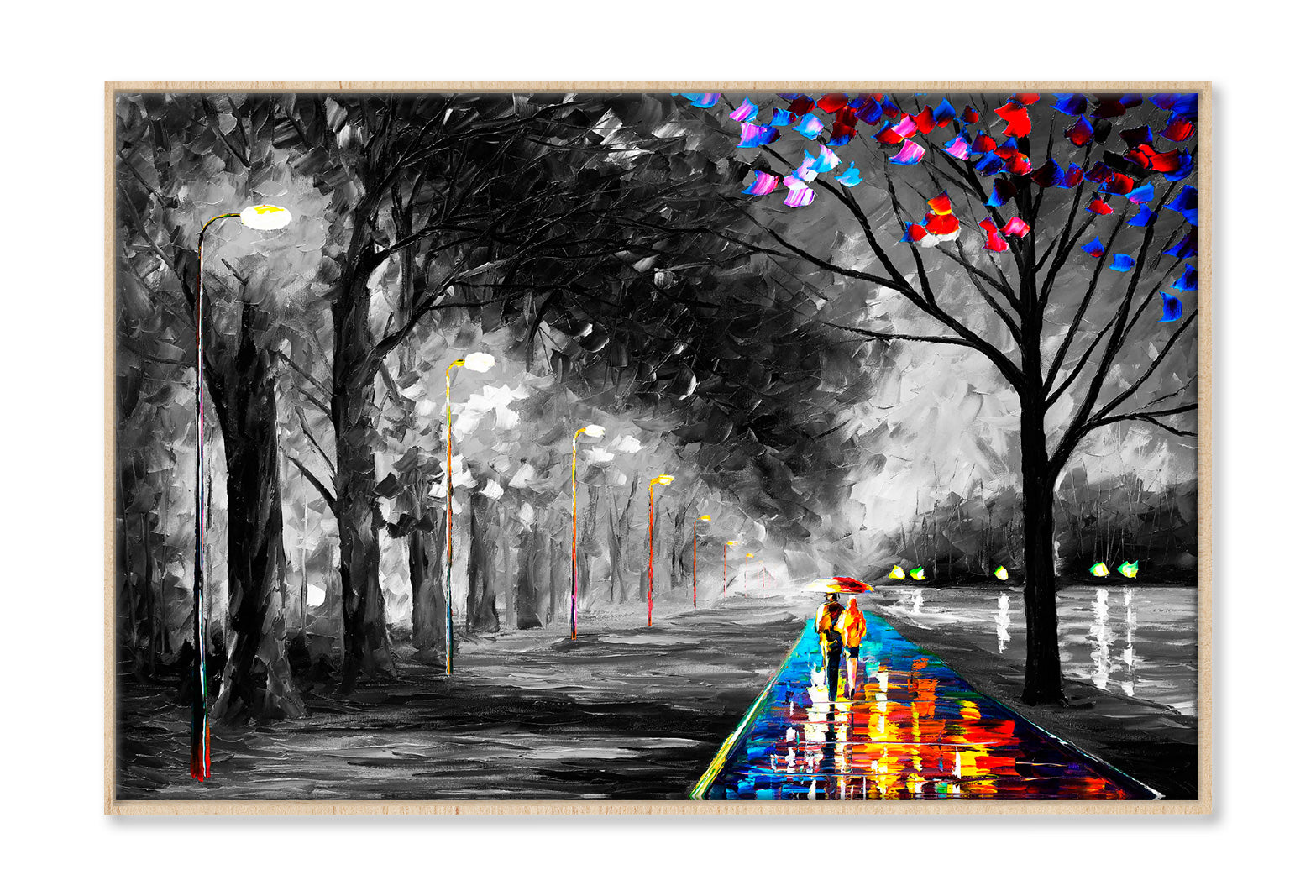 Couple Walking on Colorful Road B&W Trees Painting Wall Art Limited Edition High Quality Print Canvas Box Framed Natural