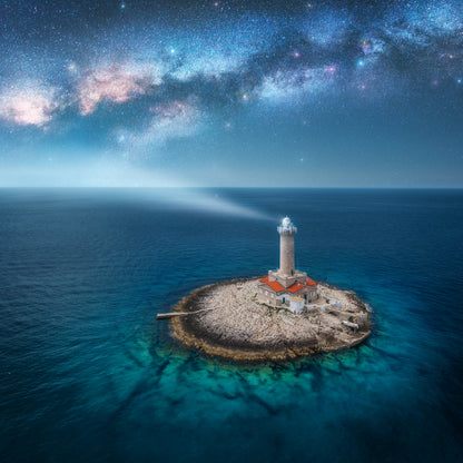 Square Canvas Lighthouse Beam Night Aerial View Photograph High Quality Print 100% Australian Made