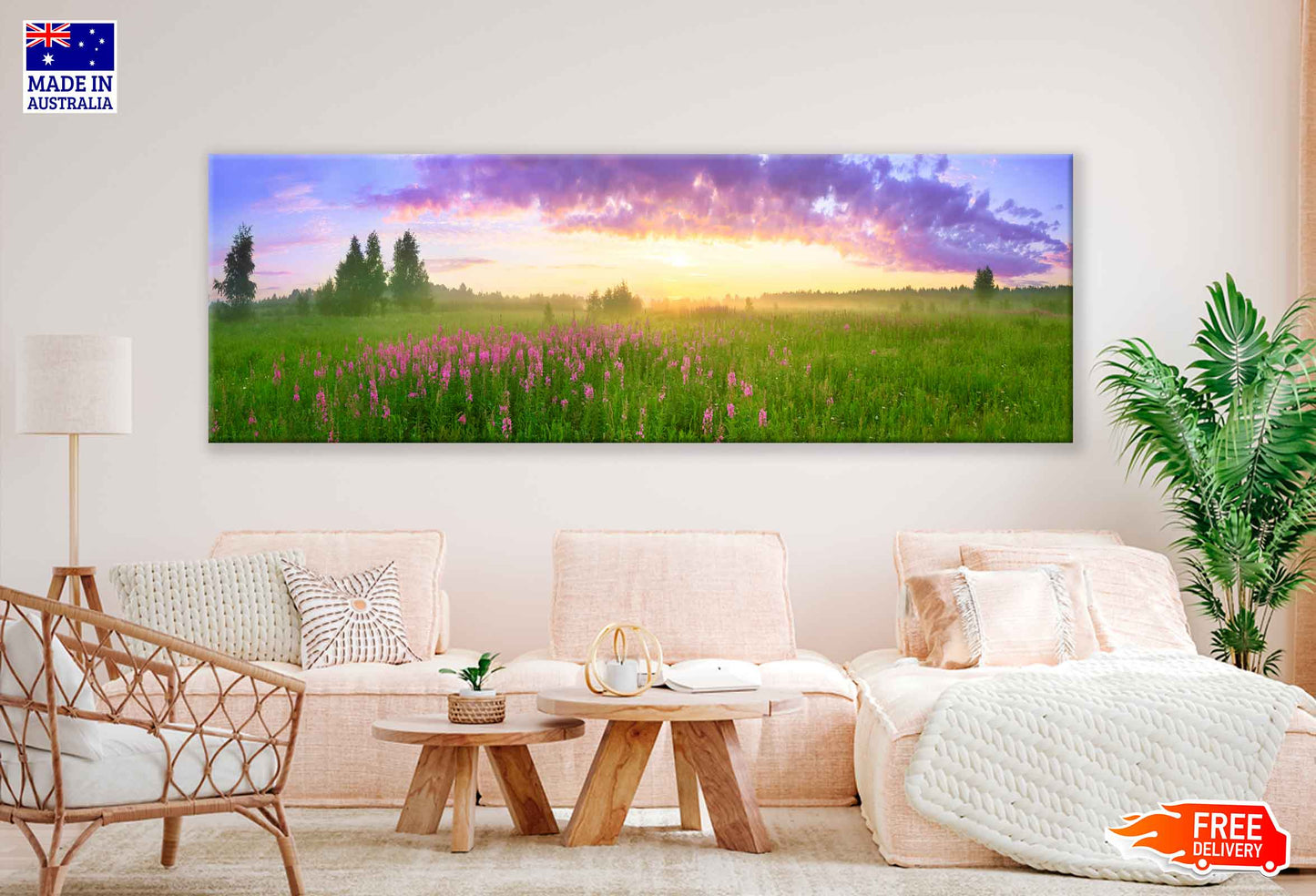 Panoramic Canvas Blossoming Meadow Sunset With Flowers High Quality 100% Australian Made Wall Canvas Print Ready to Hang