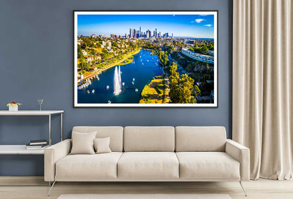 Los Angeles Skyline & Lake Aerial View Photograph Home Decor Premium Quality Poster Print Choose Your Sizes