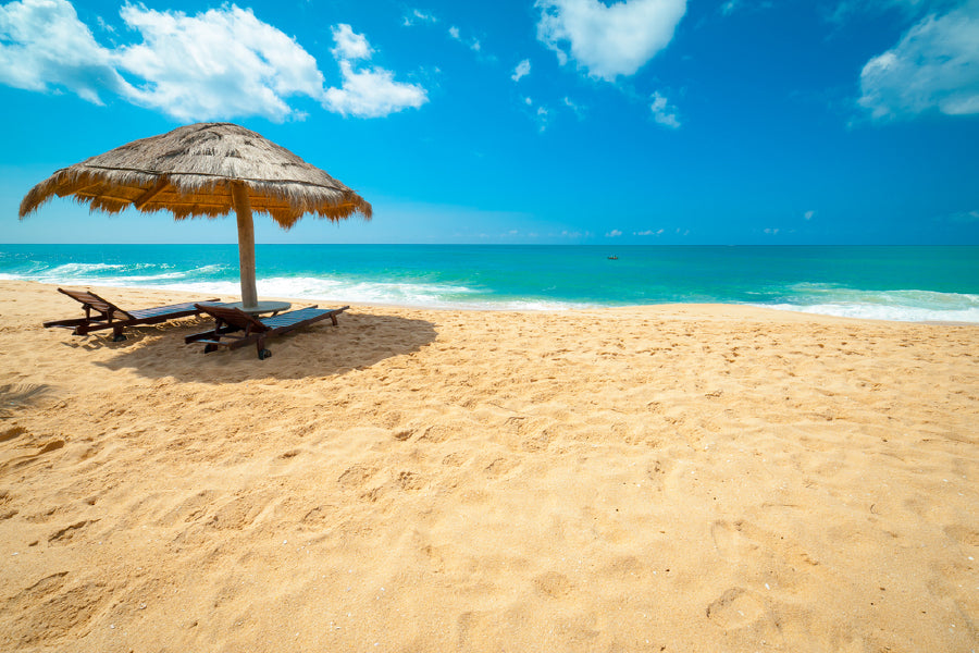 Beach Beds & Umbrella Near Sea Photograph Print 100% Australian Made