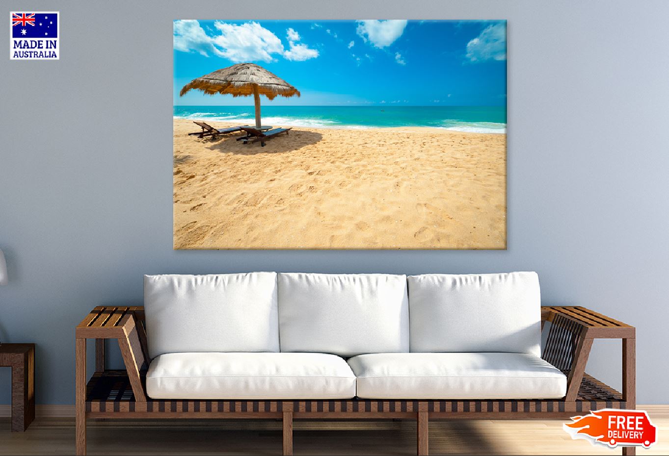 Beach Beds & Umbrella Near Sea Photograph Print 100% Australian Made