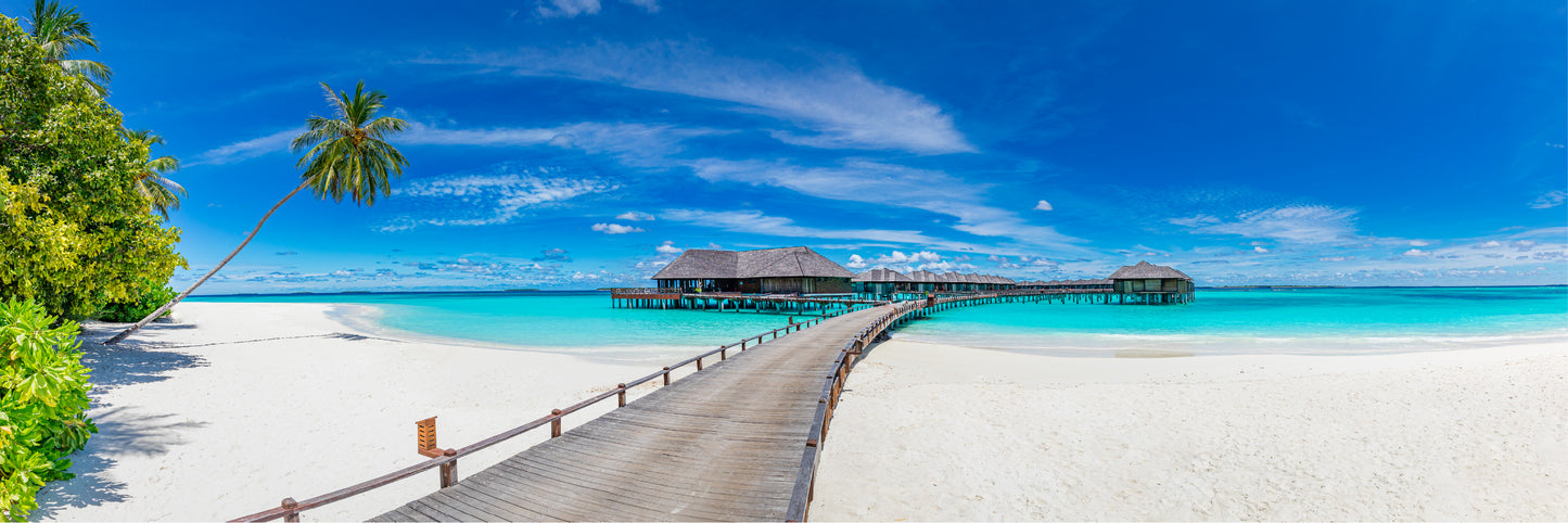 Panoramic Canvas Beach Restaurant on Wooden Pier Over Sea Photograph High Quality 100% Australian Made Wall Canvas Print Ready to Hang