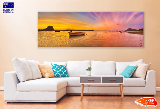 Panoramic Canvas Boat on Lake Sunset Photograph High Quality 100% Australian Made Wall Canvas Print Ready to Hang