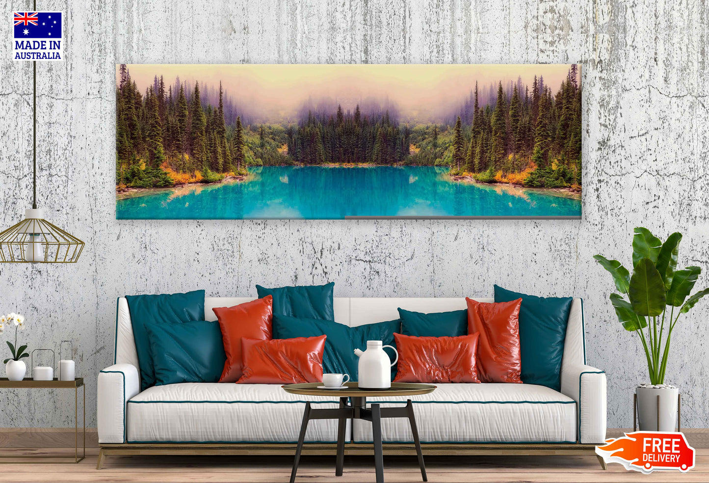 Panoramic Canvas Trees Near Blue Lake View Photograph High Quality 100% Australian Made Wall Canvas Print Ready to Hang