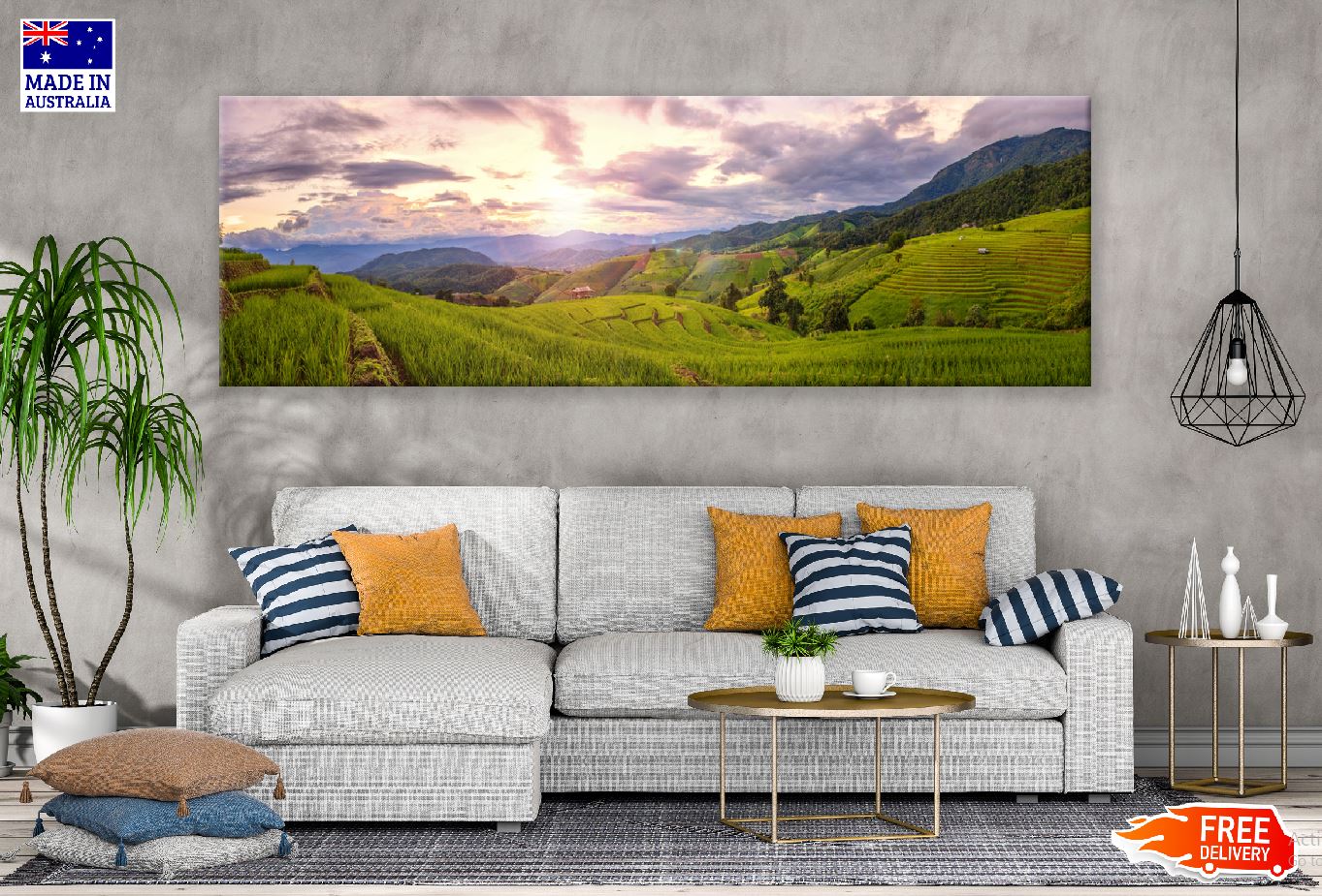 Panoramic Canvas Rice Field Cloudy Sky View Photograph High Quality 100% Australian Made Wall Canvas Print Ready to Hang