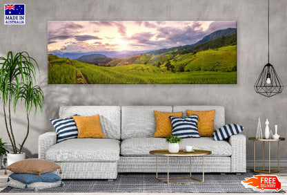 Panoramic Canvas Rice Field Cloudy Sky View Photograph High Quality 100% Australian Made Wall Canvas Print Ready to Hang