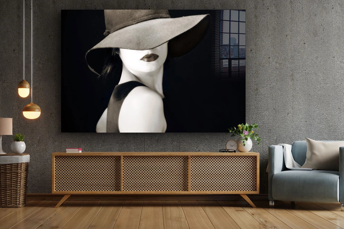 Fashion Hat Woman B&W Print Tempered Glass Wall Art 100% Made in Australia Ready to Hang