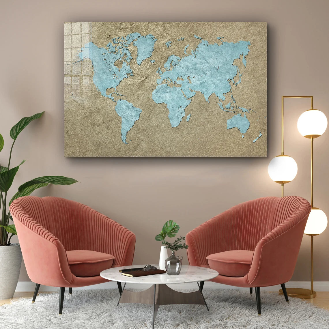 Vintage Blue World Map Print Tempered Glass Wall Art 100% Made in Australia Ready to Hang