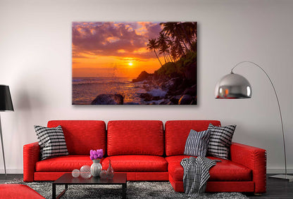 Bella Home Sunset Beach With Palm Trees & Rocks Print Canvas Ready to hang